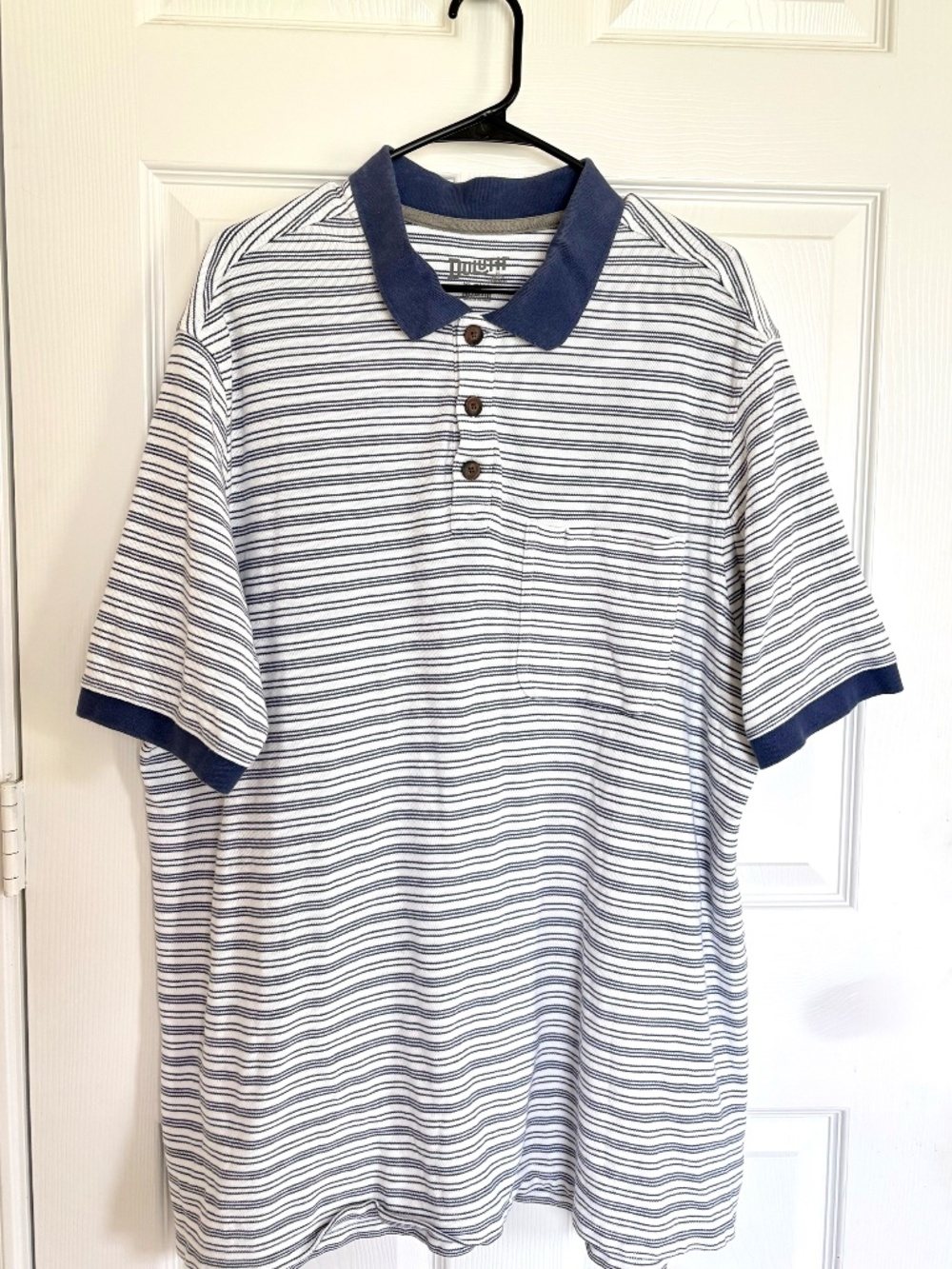 Duluth Trading Co Mens XL Tall Striped No Polo Shirt Pocket Relaxed Blue White
